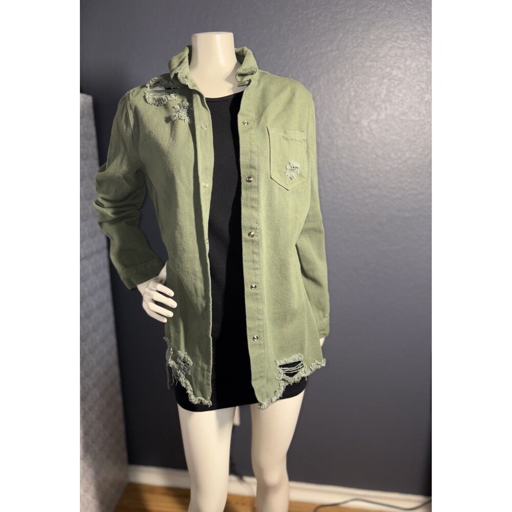 Womens Snap Button Front Shirt Shirt Jacket Size Small Olive Green Destroyed - Picture 2 of 10